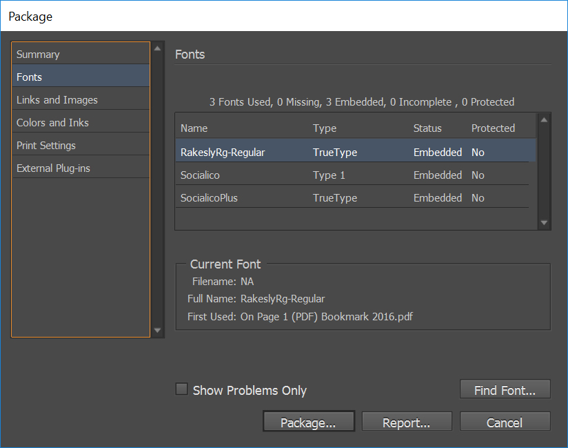 Screen shot of InDesign packaging window for print ready saving
