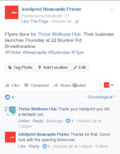 Screenshot of feedback from Thrive Wellness Hub on the inteliprint facebook page
